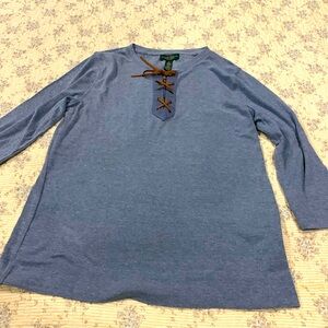 Ralph Lauren blue Henley Shirt Size LP Like NEW leather-look Crosstie neck front
